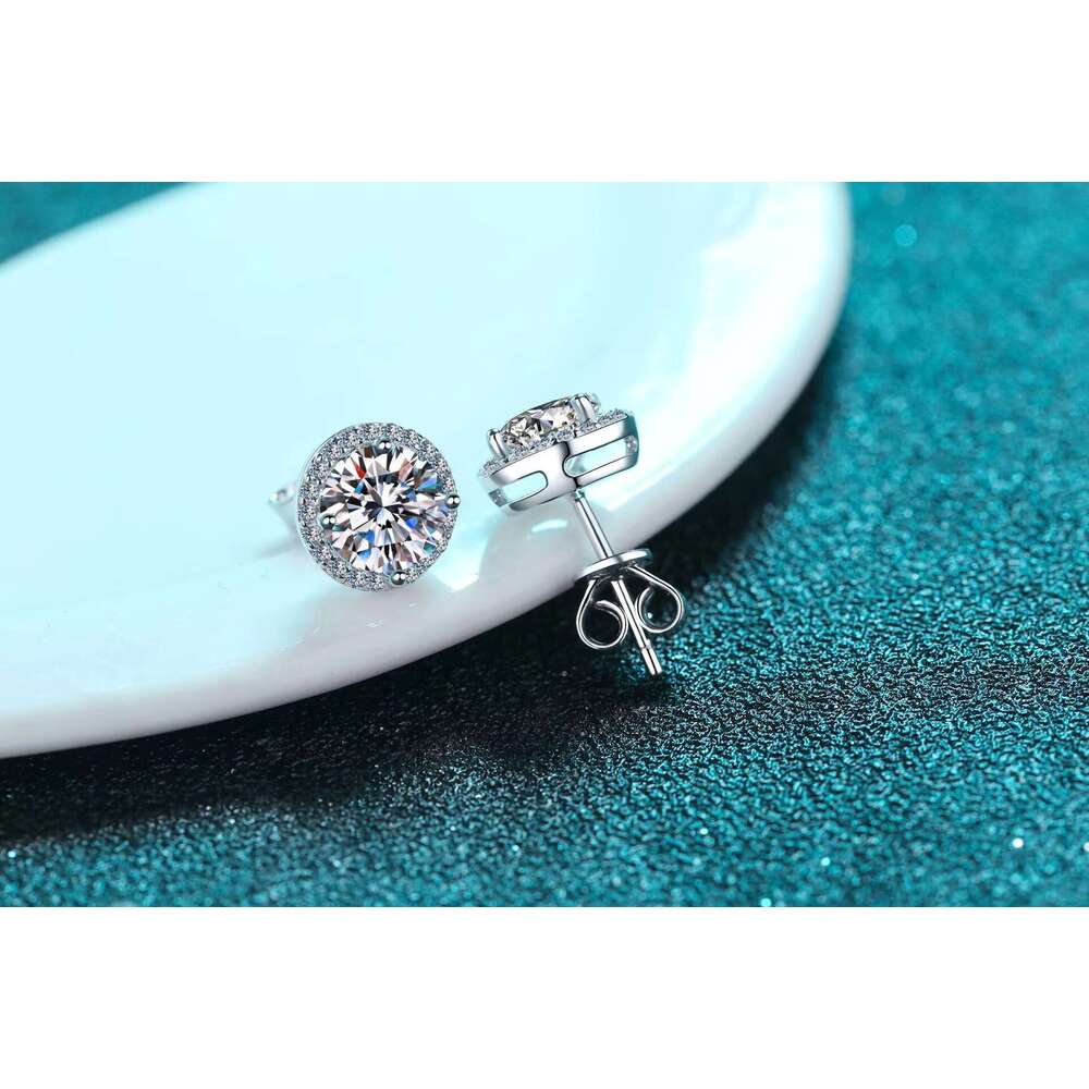 Solid sier women's 1-carat carbon silica round earrings with square halo
