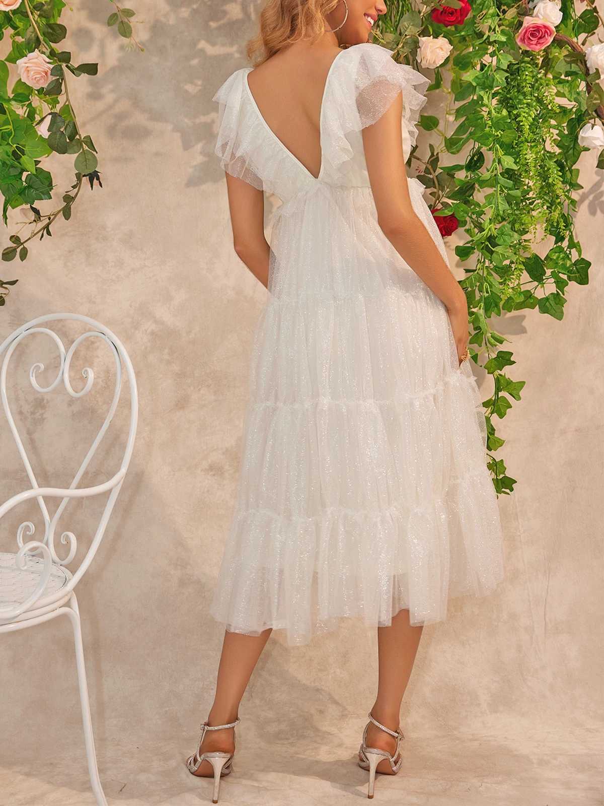 ItsRoya V Neck Ruffle Maternity Dress Glitter Mesh Elegant Evening Party Gowns Backless Loose Pregnant Photography Props DressesT250311