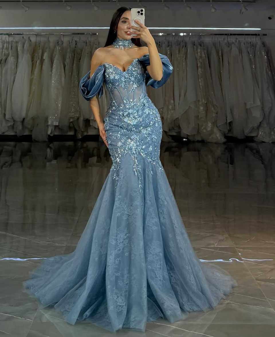 Gorgeous Prom Dresses Off The Shoulder Crystal Appliques Length Side High Split Custom Made Plus Size Party Dress Vestido De Noite