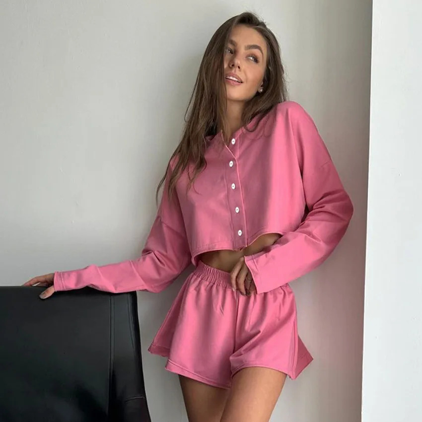 Casual Solid Color Home Two Piece Set Women Fashion Round Neck Single Breasted Long Sleeved Short Top Elastic Waist Shorts 250311