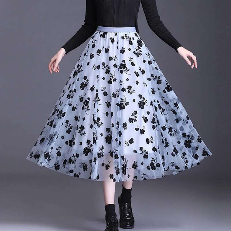 Korean Women Tulle Fashion Summer Hook Ral Loose Midi Skirt Elegant Female Casual All Match Mesh Skirts New