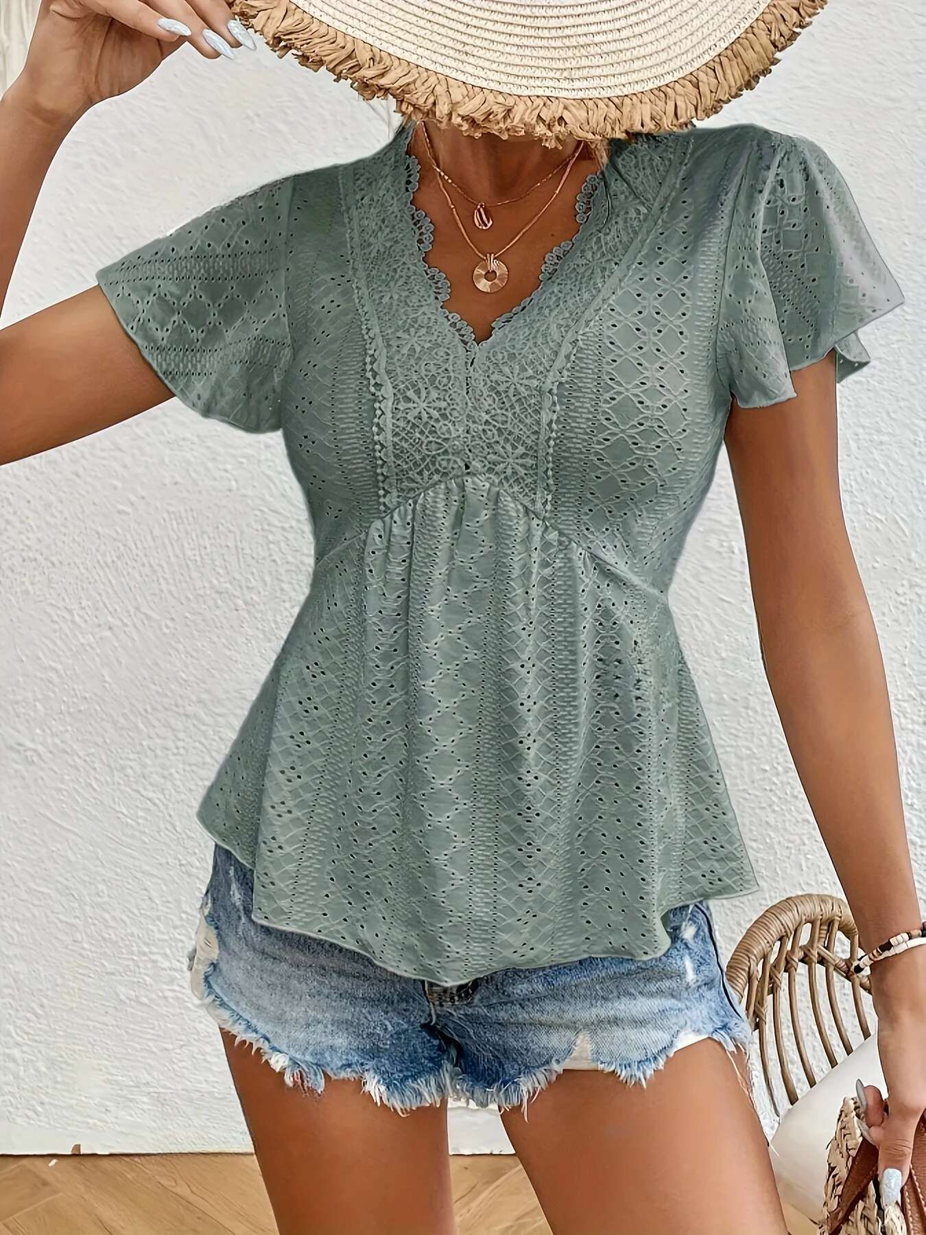 Summer Elegant Contrast Lace Shirt For Women Casual Office Lady V Neck Butterfly Sleeve Female Tops