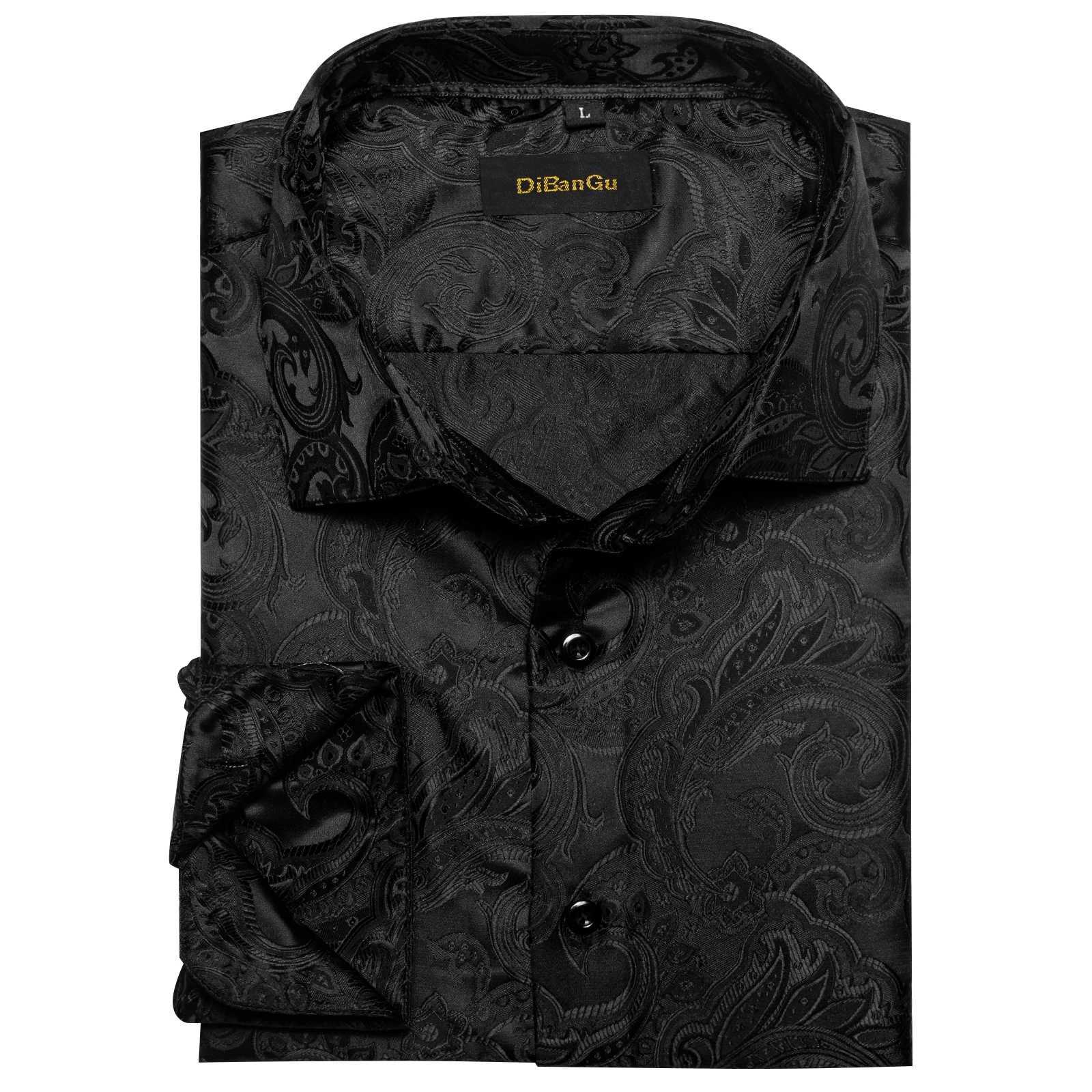 Black Paisley Solid Silk Polyester Luxury Long Sleeve Dress Shirts for Wedding Prom Turn Down Collar Shirt Brand Men Clothing W250312