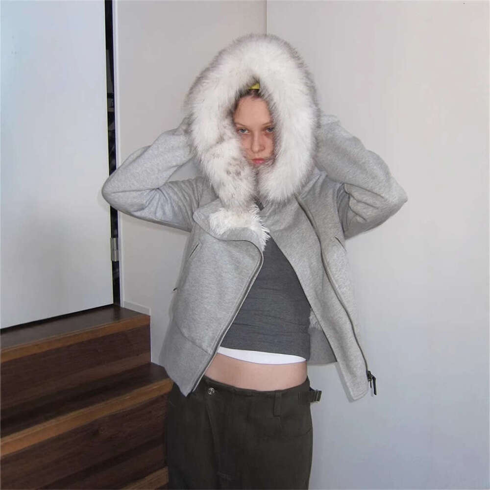 Autumn And Winter Hooded Fur Collar With Plush Inner Lining, Short Hoodie Women's Slimming Zipper Cotton Jacket, Y2k Cardigan