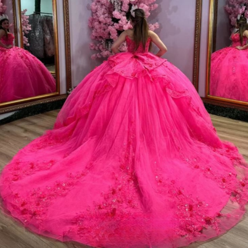 Glitter Rose Red Quinceanera Dresses Off The Shoulder Princess Luxury Applique Lace Bow Beading Crystal Tull Sweet 16 Dress Vestidos 15 De Anos
