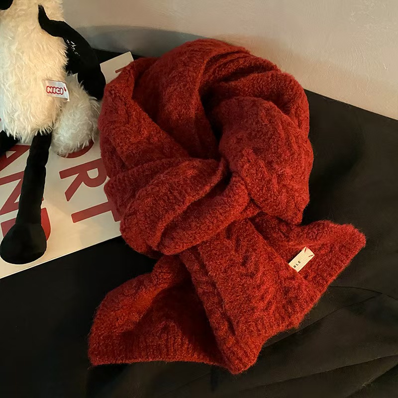 K110 Korean style white twisted knitted wool scarf for women 2024 autumn and winter couple warm versatile scarf