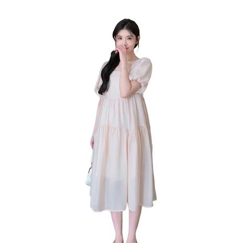 French Style Sweet Pregnant Woman Cake Dress Solid Color Maternity Ball Gown Princess Party Dress Loose Casual Midi DressesT250311