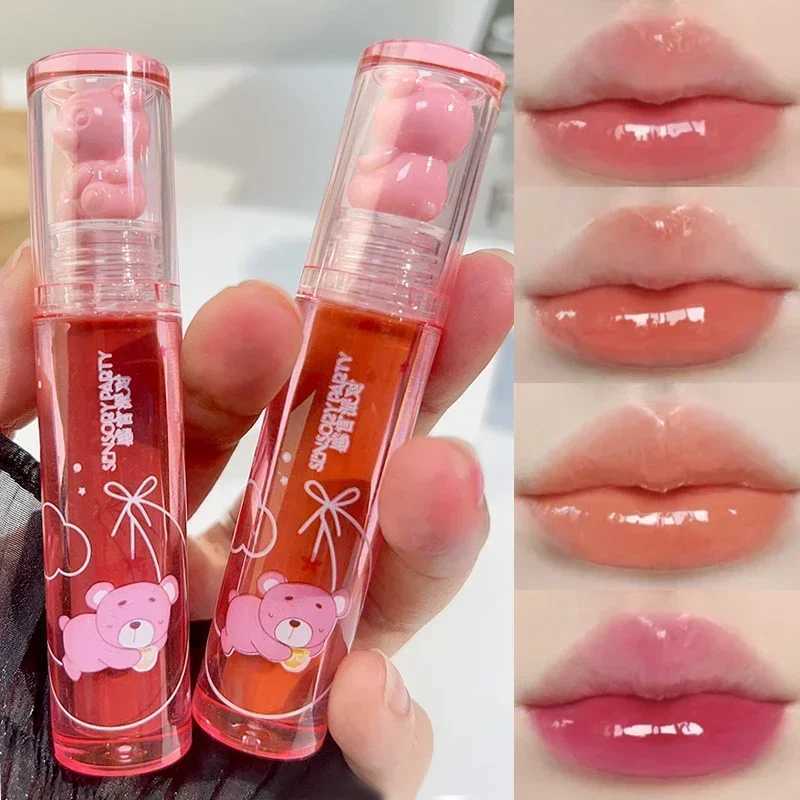 Crystal gloss lipstick cute bear durable color non sticky cup moisturizing lipstick mirror water liquid lipstick makeup W250312