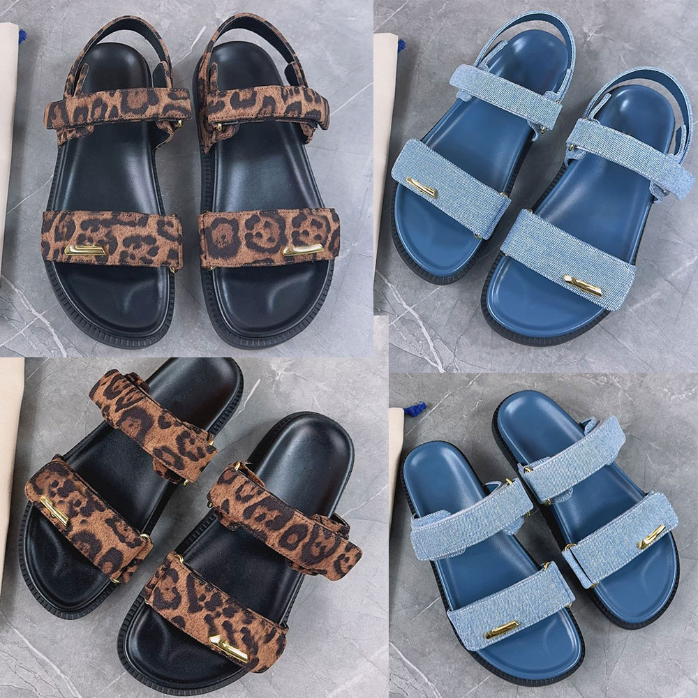 Womens Sunset Flat Comfort Sandal designer sandals Tawny Brown leopard motif Hairy calf leather 1ACP59 easy to wear style summer casual sunset sandal
