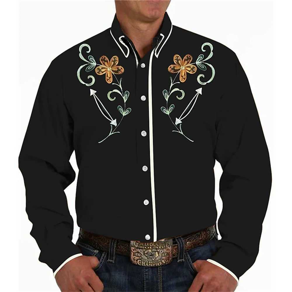 Retro Western style mens shirt 3D printed black outdoor street button long sleeved fashionable casual designer shirt W250312
