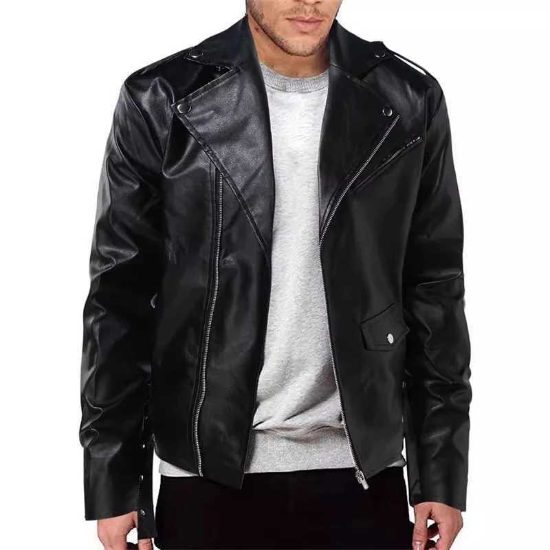 New Men Solid Color Imitation Leather Jacket Black / Red Fashion Male Oblique Zipper Biker CoatsT250311