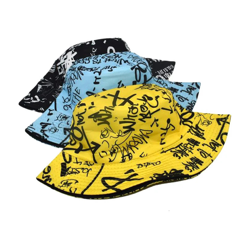 Bocca Letter Graffiti Bucket Hat Double Sides Reversible Panama Fisherman Hats Men Women Outdoor Sun Cap Fashion 2023 Style 250304