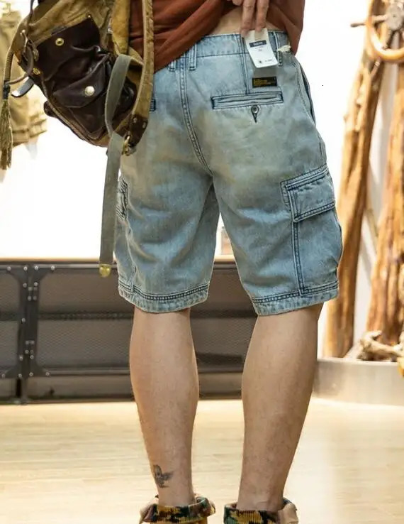 Summer mens loose straight leg denim shorts with multiple pockets outdoor knee length 250312