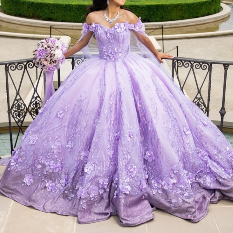 Lavender Shiny Off Shoulder Quinceanera Dresses Applique Lace Beading With Cape Tull Corset Party Birthday Sweet 16 Dress Vestidos 15 De Anos