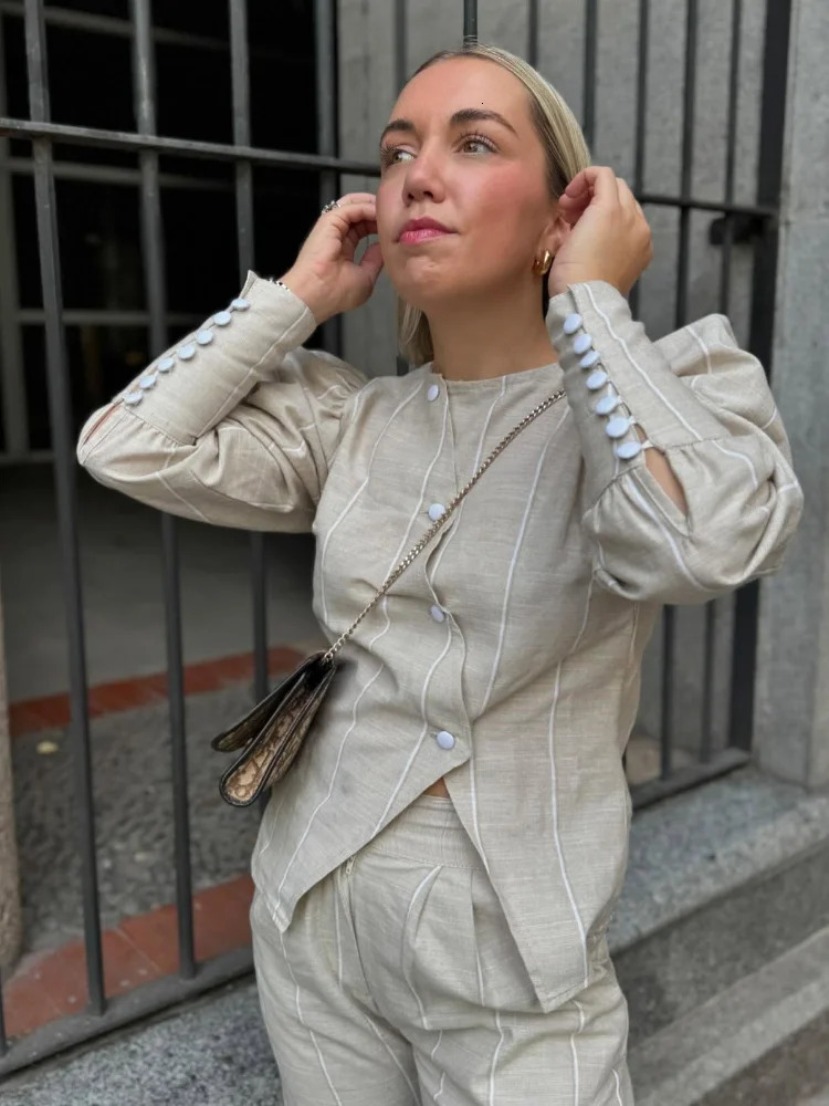 Chic Bubble Sleeve Irregular Slanted Button Shirt Elegant O Neck Stripe Slit Casual Blouse Spring Summer Top 250311