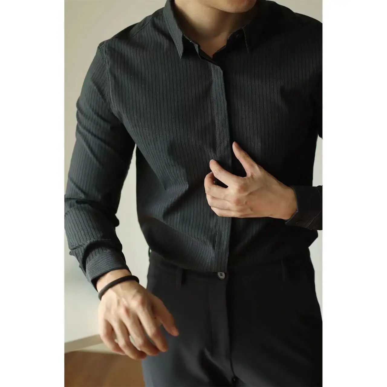 High End Mens Striped Long Sleeved Shirt with Micro Elasticity Formal Wear Casual Business Top W250312