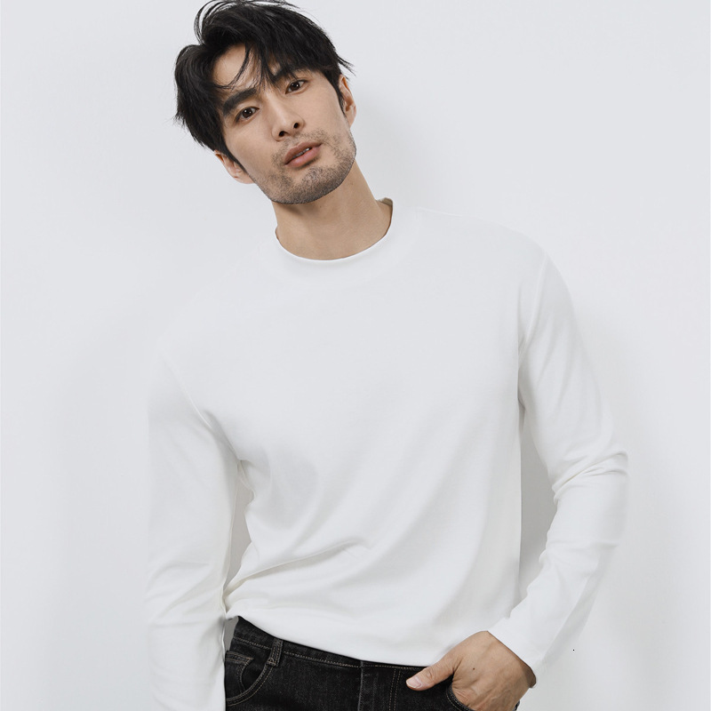 Long sleeved T-shirt mid high neck base shirt men's autumn winter inner wear warm and close fitting solid color top casual new style tracksuit