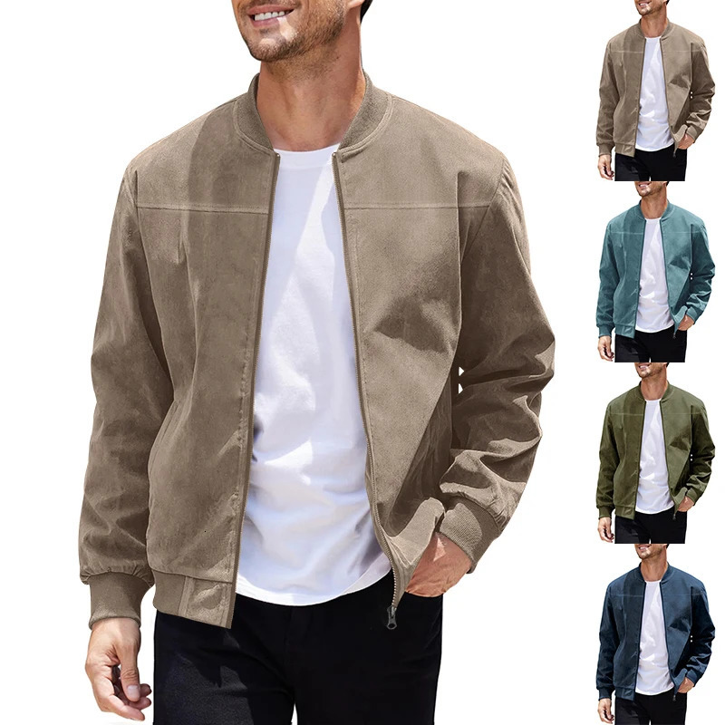 Suede Mens Spring and Autumn Jacket Retro Style Solid Color Zipper Windproof Motorcycle Bomber 250312