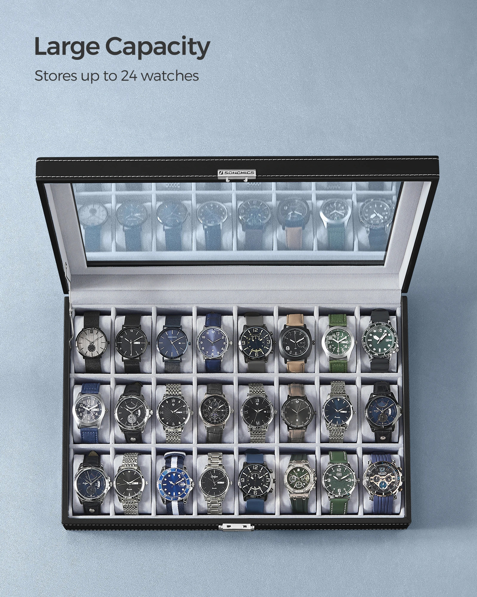SONGMICS Watch Box 24 Slot Watch Box Lockable Watch Storage Box with Glass Lid Gift Idea Ink Black Synthetic Leather 250311