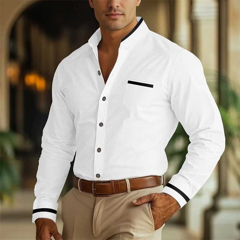 Mens Shirts Stand Collar Shirts Formal Button Shirts Grey Long Sleeves Spring Summer Wedding Everyday Wear Front Pockets 6XL W250312