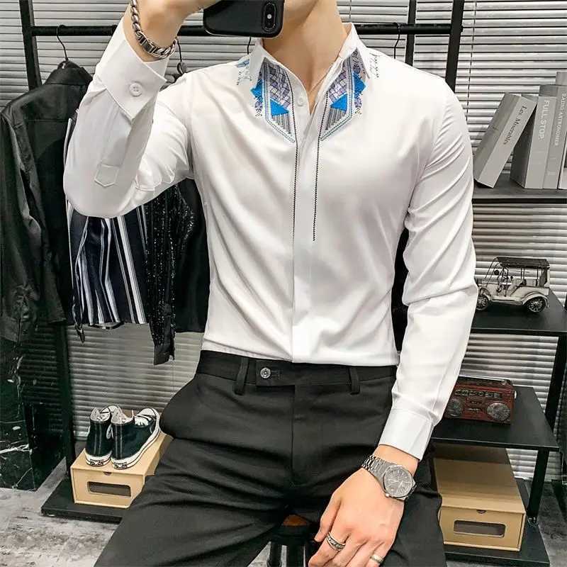Mens Clothing Korean Fashion Non Iron Wrinkle Resistant Business Casual Shirt Vintage Embroidery Long Sleeve Slim Formal Tops W250312