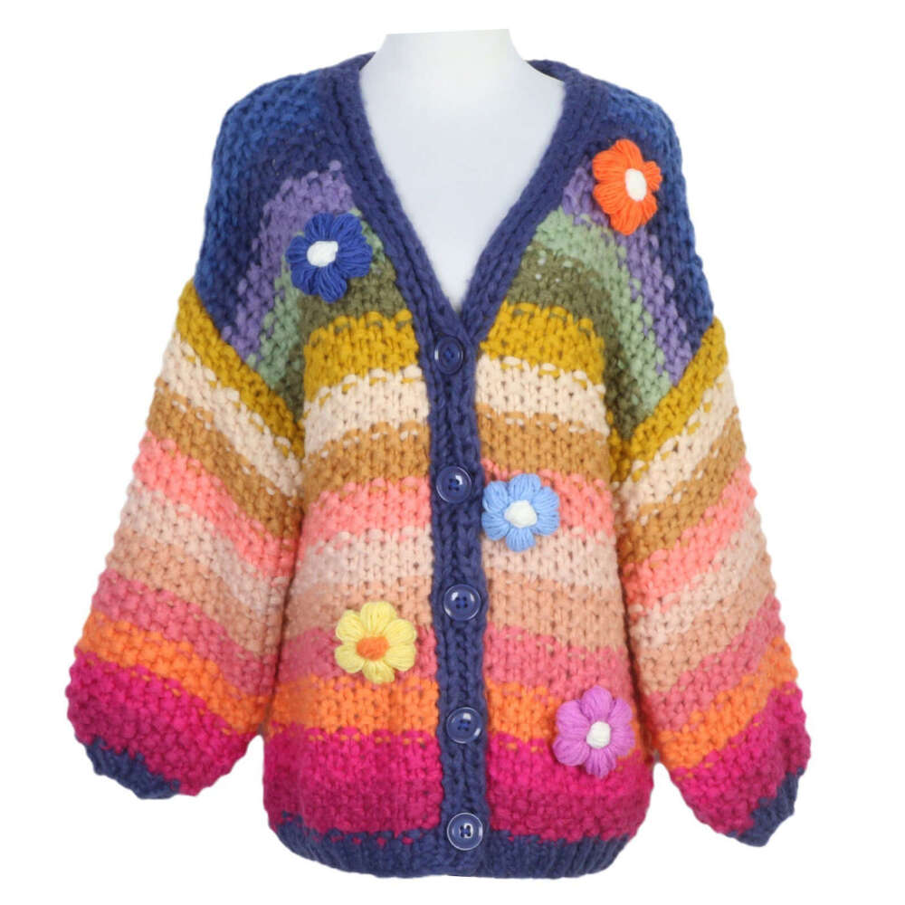 Autumn And Winter New Style Pure Handmade Rainbow Striped Contrasting Flower Jacket For Women's Sweater