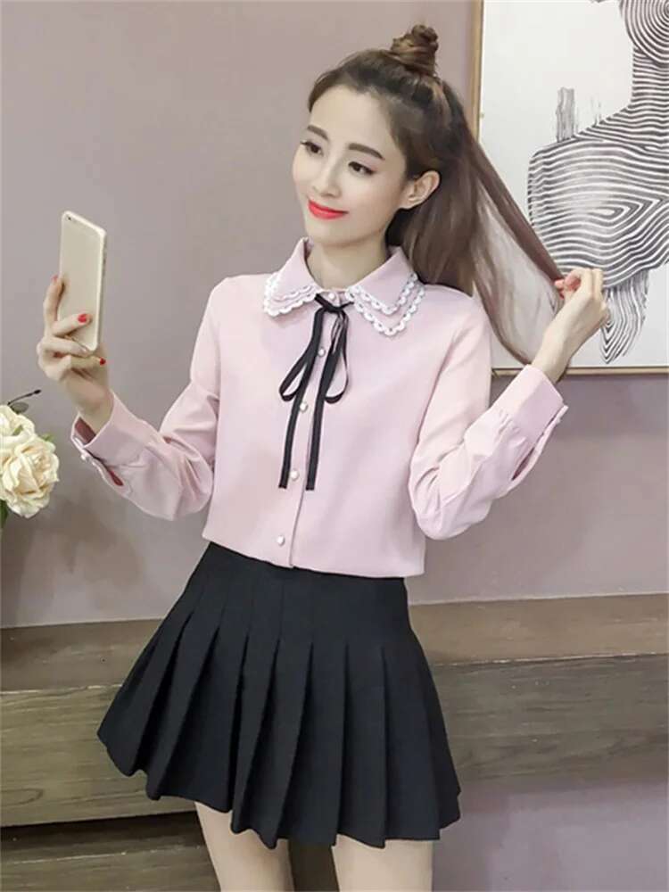 Women Spring Autumn Style Vintage Blouses Shirts Lady Casual Long Sleeve Turn-Down Collar Pink White Blusas Tops Df3089
