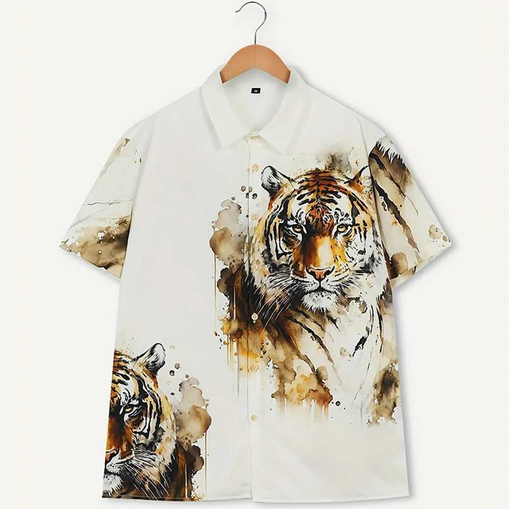 Painting tiger pattern mens retro short sleeved button down sweater summer holiday mens oversized shirt mens casual wear W250312