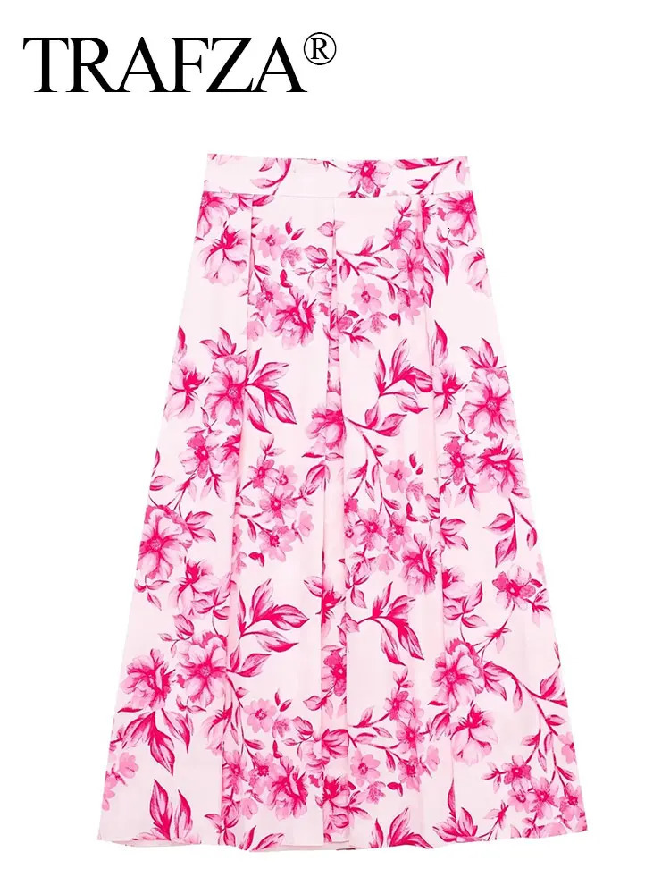 TRAFZA Women Pink Floral Print Skirt High Waist Slim Back Zipper Midi Skirts Elegant Woman Fashion Street ALine 250311