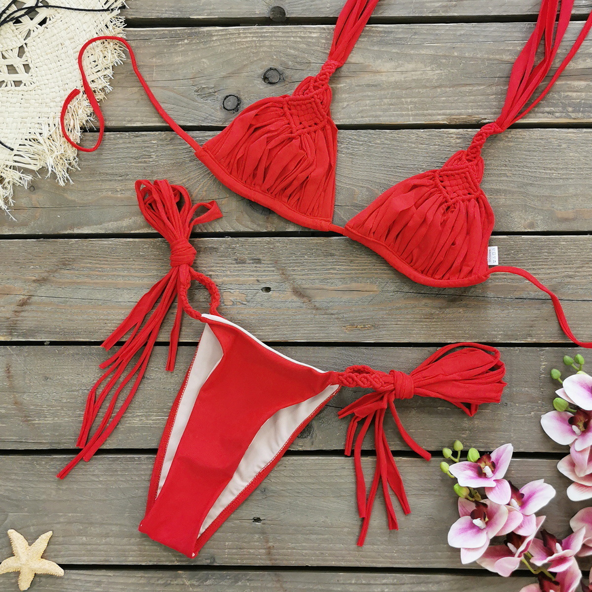 bandage strip Brazilian bikini swimsuit womens woven rope swimsuit two-piece set womens sexy unprinted beach wear summer 250109