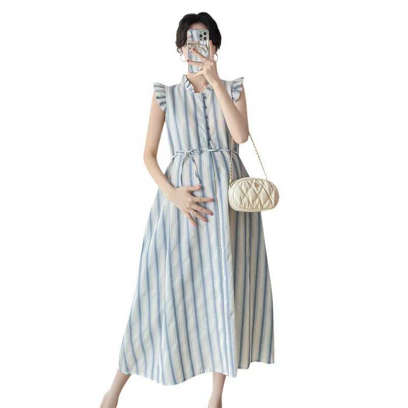 Pregnant Womens Dress Summer Drawstring O-neck Short Sleeved Printing Maternity Beach Dresses for HolidayT250311