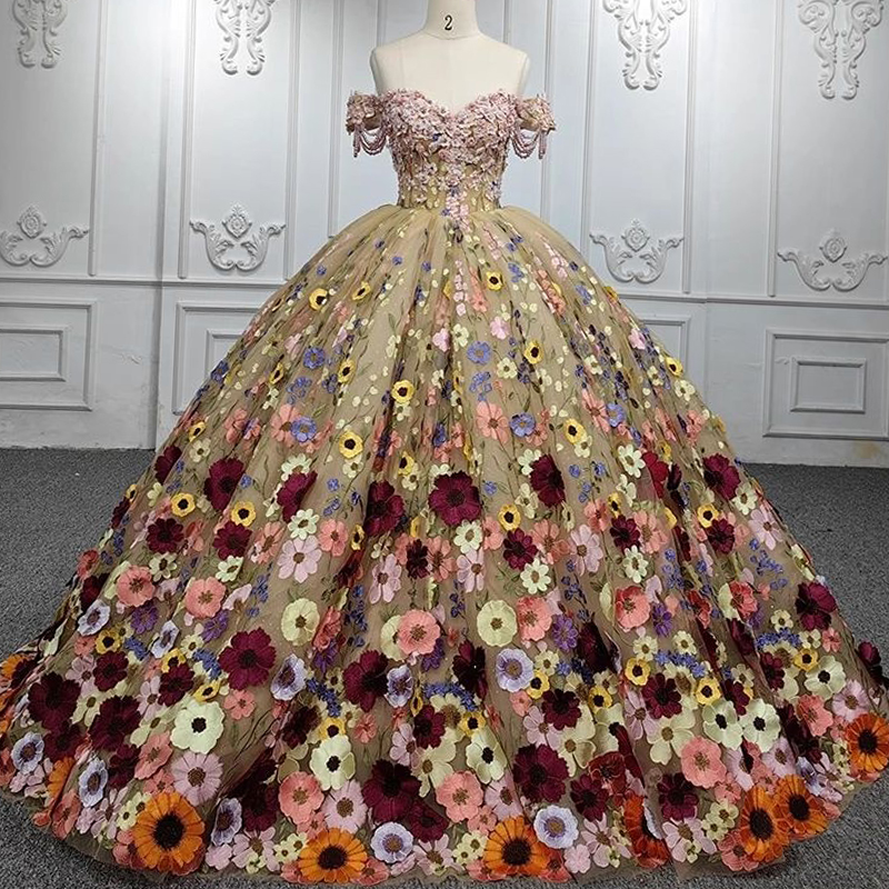 Champagne Princess Ball Gown Quinceanera Dresses Off the Shoulder Color Flower Pearl Tull Lace Up vestidos 15 anos Sweet 16 Dress
