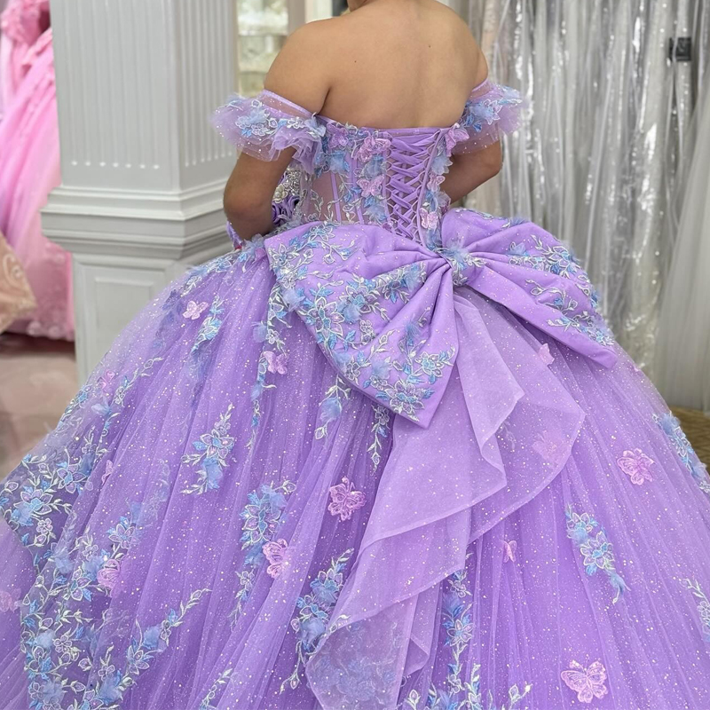 Lavender Shiny Quinceanera Dresses Ball Gown Off The Shoulder Applique Flower Bow Beads Tull Party Birthday Sweet 16 Vestidos 15 De Anos