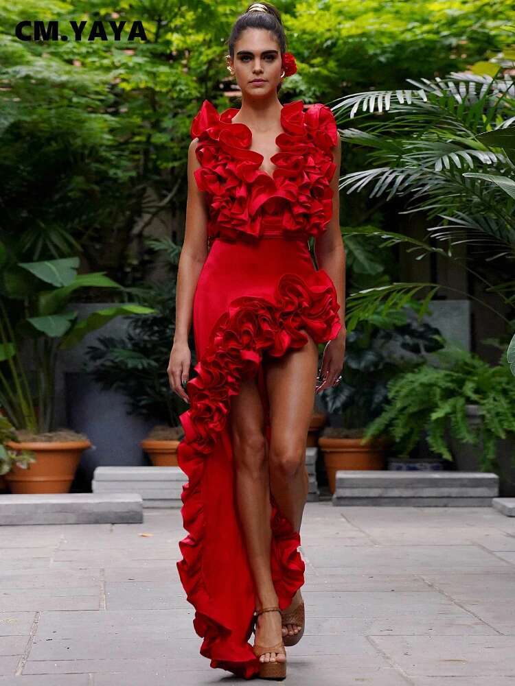 Cm.Yaya Women Streetwear 2 Two-Piece Suits Sexy Beach Holiday Ruffles Asymmetrical V-Neck Bodysuit+Long Skirts Bikinis Sets