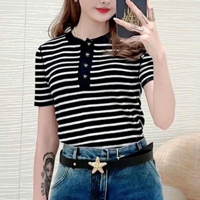 Women's Cashmere Striped Short Sleeve T-Shirt Designer Round Neck Button Detail Loose Fit Knit Tees Trendy Sexy Early Spring Fashion Luxury High-