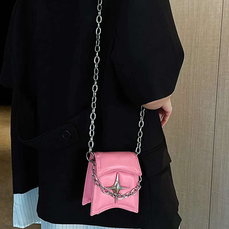 Y2K Retro Chain Mini Shoulder Bag Flip Cover Handbag Pink PU Leather Fashion Designer Trendy Handbag Gothic Cross Girl Crossbody Bag Wallet Storage Ba