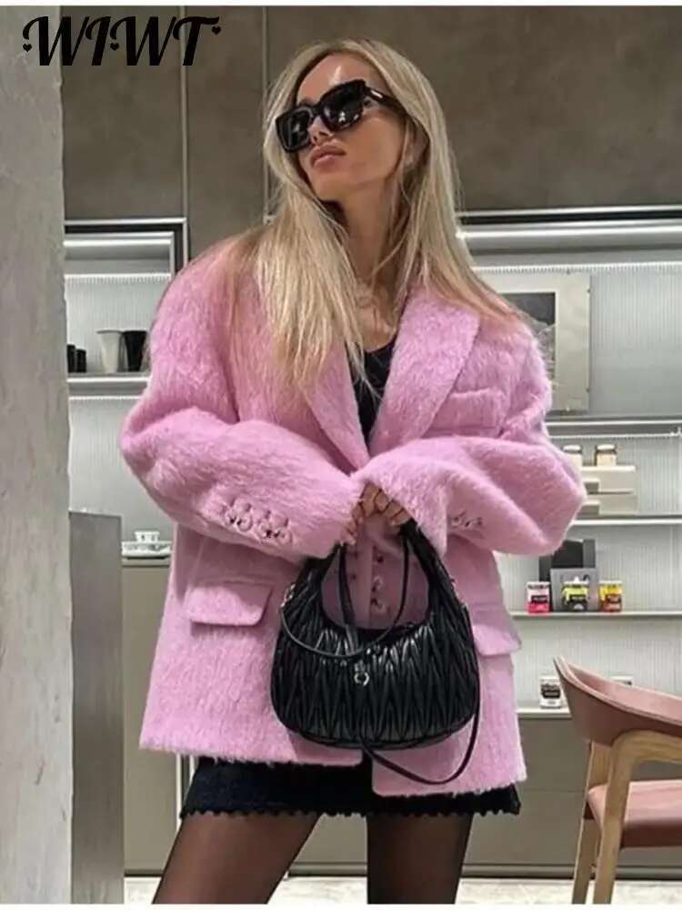 Pink Lapel Woolen Plush Coats Women Elegant Long Sleeve Button Office Lady Blazer Jacket 2024 Winter Fashion Packet Loose Coat
