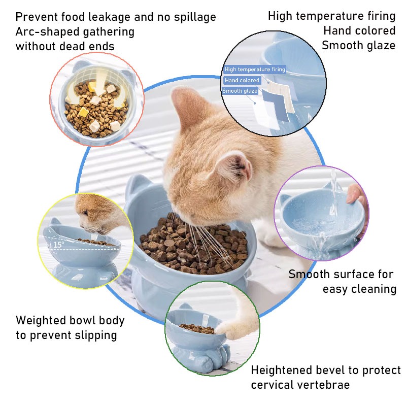 Tilted Dog Cat Food Bowl Ceramic Cat Feeder Elevated Cat Dog Tableware Drinking Fountain Protects Pet Spine Pet Supplies