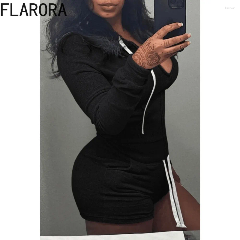 Womens Tracksuits FLARORA Casual Solid Hooded Zip Shorts Woman Long Sleeve Tops And Two Piece Set Female Street Sporty Outfits