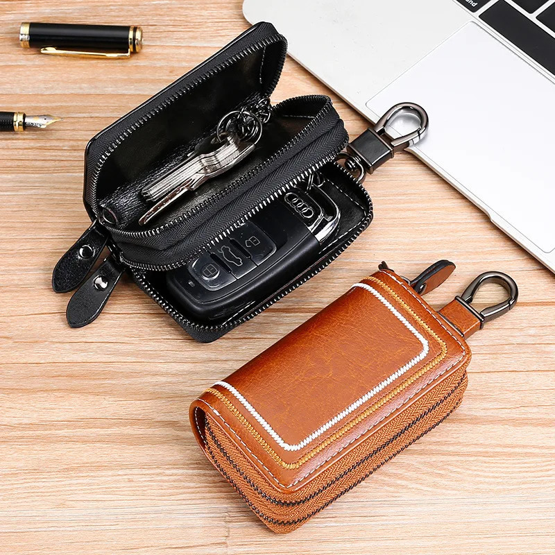 Fashion Genuine Leather Key Wallets Men Simple Car Key Holders Top Quality Double Zipper Keychain Case Women Housekeeper Purse 250311