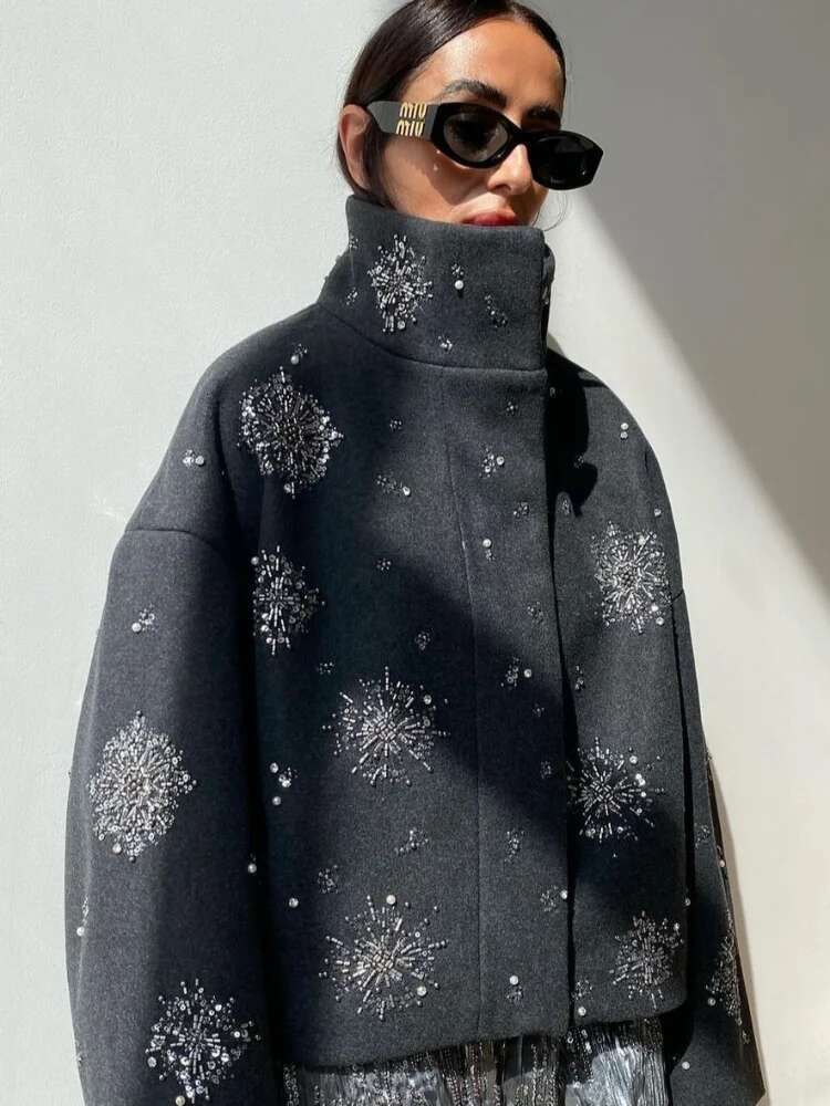 Beading Urious Chic Coat Women Loose Single Breasted Stand Collar Pocket Woolen Outwear 2024 Winter Snowflake Sequins Jackets