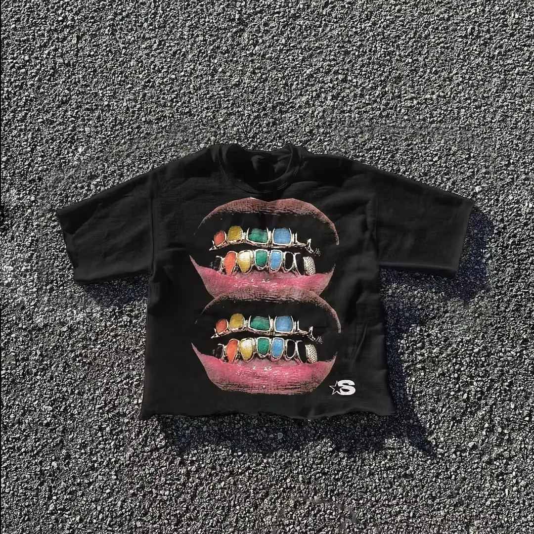 Streetwear punk oversized casual teeth pattern mens Gothic Tshirt Y2K Harajuku hiphop cotton short sleeved top unisex 250312