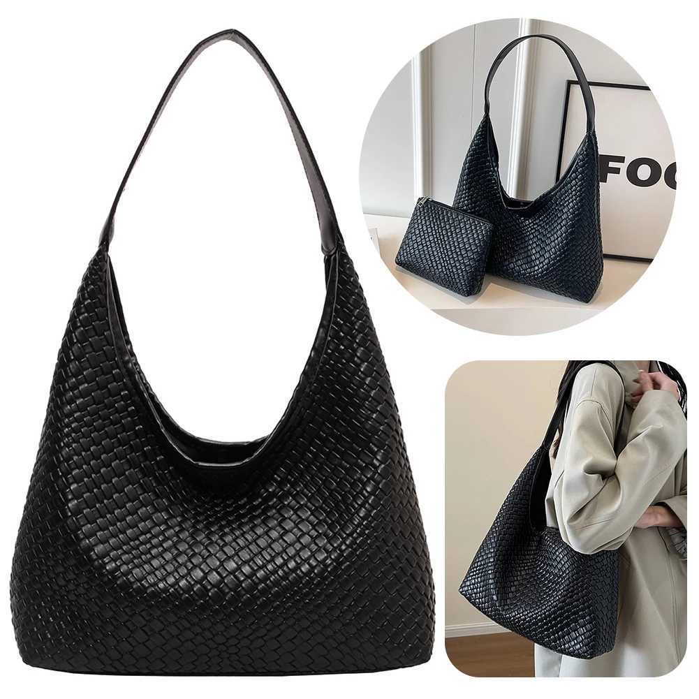 Women Large Shoulder Bag with Pouch Top Handle Bag Trendy PU Woven Tote Bag Leather Armpit Handbag Commuting BagC250311