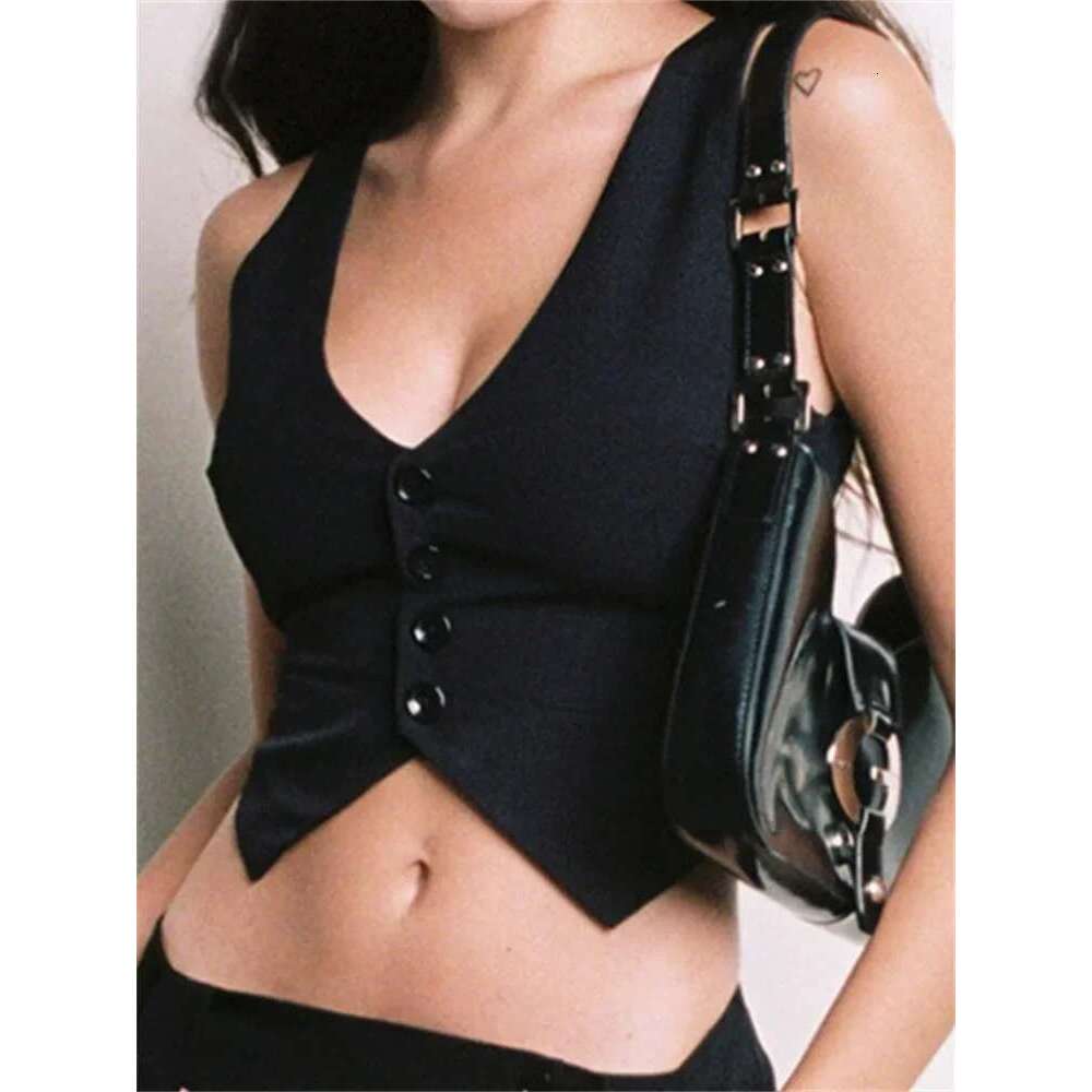 Waistcoat Solid Women Color/Striped V Neck Sleeveless Cropped Tank Tops 90s Vintage Punk E Girl Vest Jacket Streetwear
