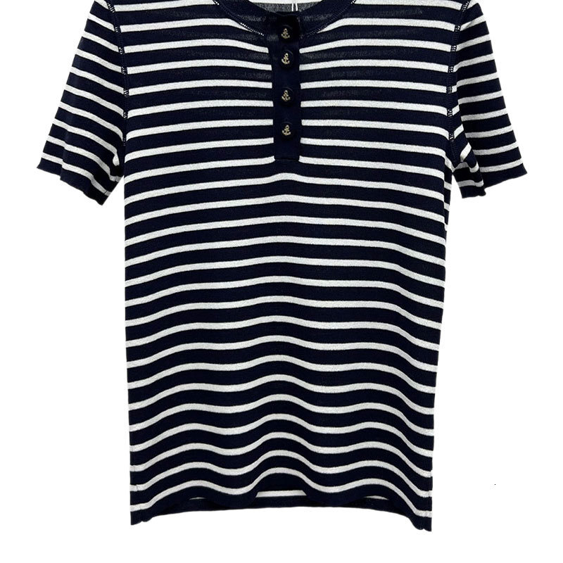 Women's Cashmere Striped Short Sleeve T-Shirt Designer Round Neck Button Detail Loose Fit Knit Tees Trendy Sexy Early Spring Fashion Luxury High-