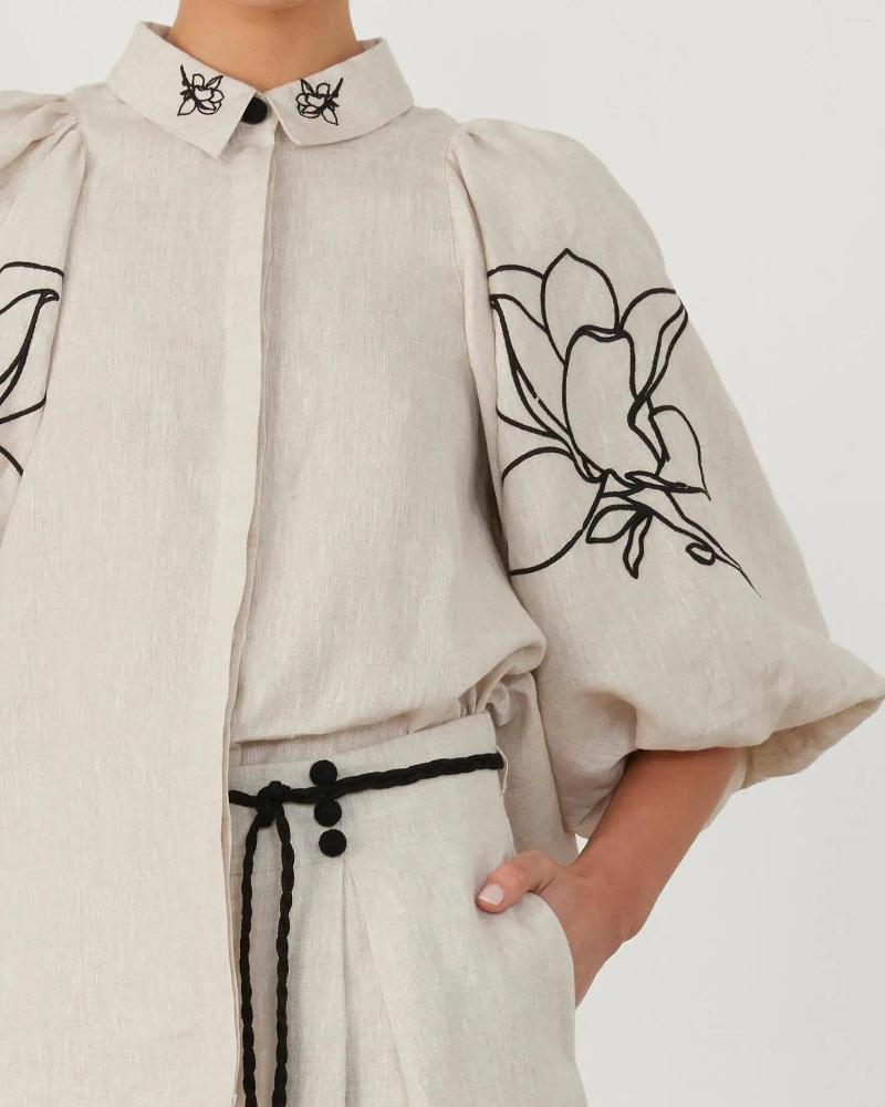 Womens Tracksuits Cotton Linen Women Elegant Two Piece Set Loose Long Sleeve Printed Shirt And High Waist Wide Leg Pants Casual Womens
