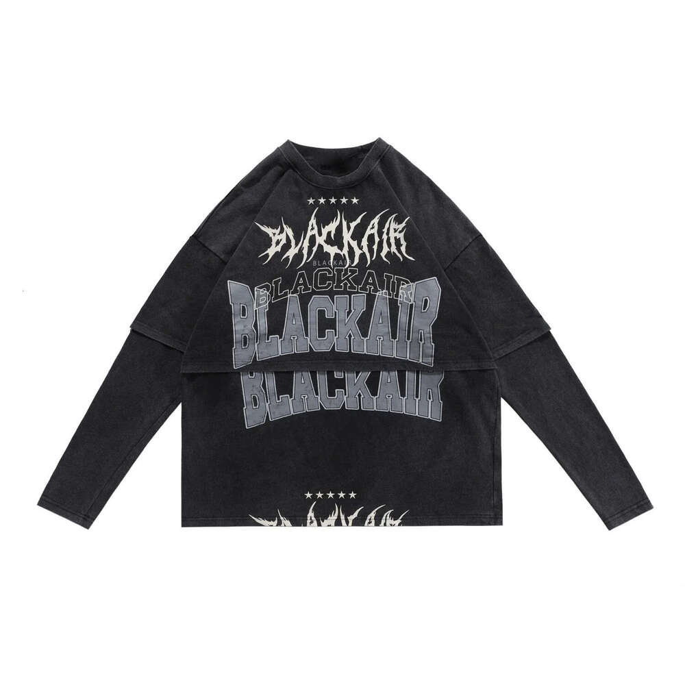 Hip hop long sleeved men's loose fake two-piece T-shirt autumn street wear cotton Harajuku top