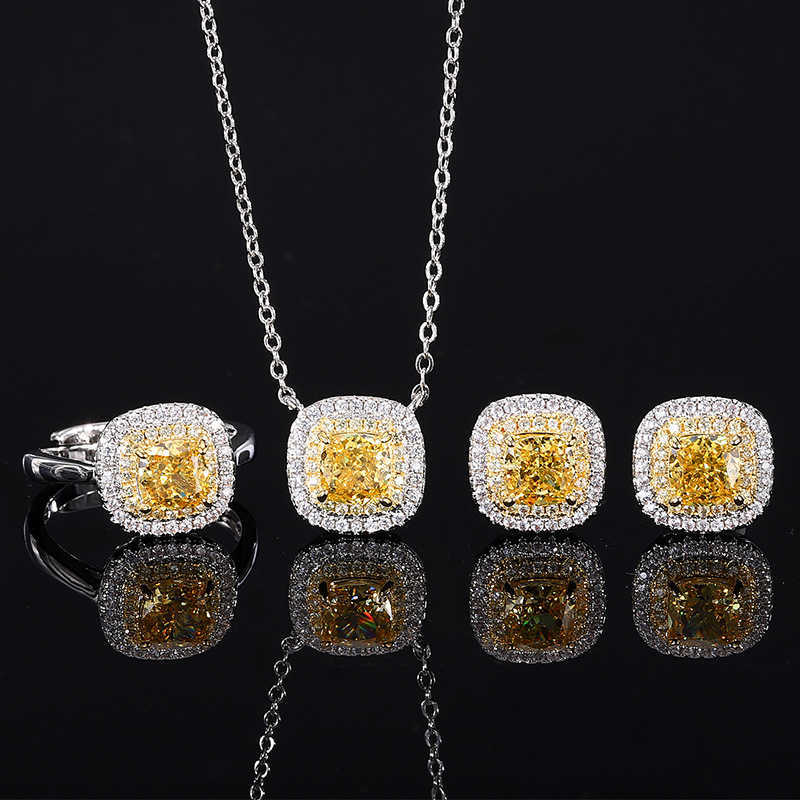 Autumn and Winter New Zhuangsheng Jewelry Set High Carbon Diamond Ice Flower Cut Copper Set with Yellow Diamond Main Stone 6 * 6 W250312
