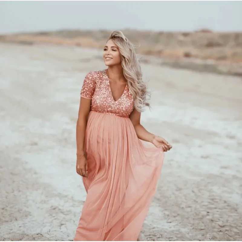 Cotton Sequins Tulle Ball Gown Maternity Dresses For Photo Shoot Long Maternity Photography Props Dresses For Pregnant WomenT250311