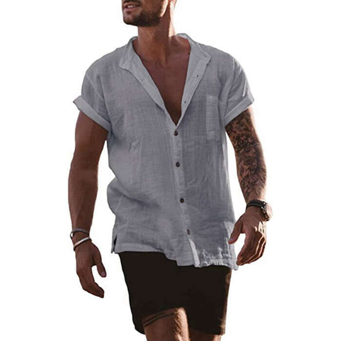 summer solid color cotton and en cardigan loose short sleeved pocket simple casual shirt men's 2025 temperament versatile new trend clothing ins